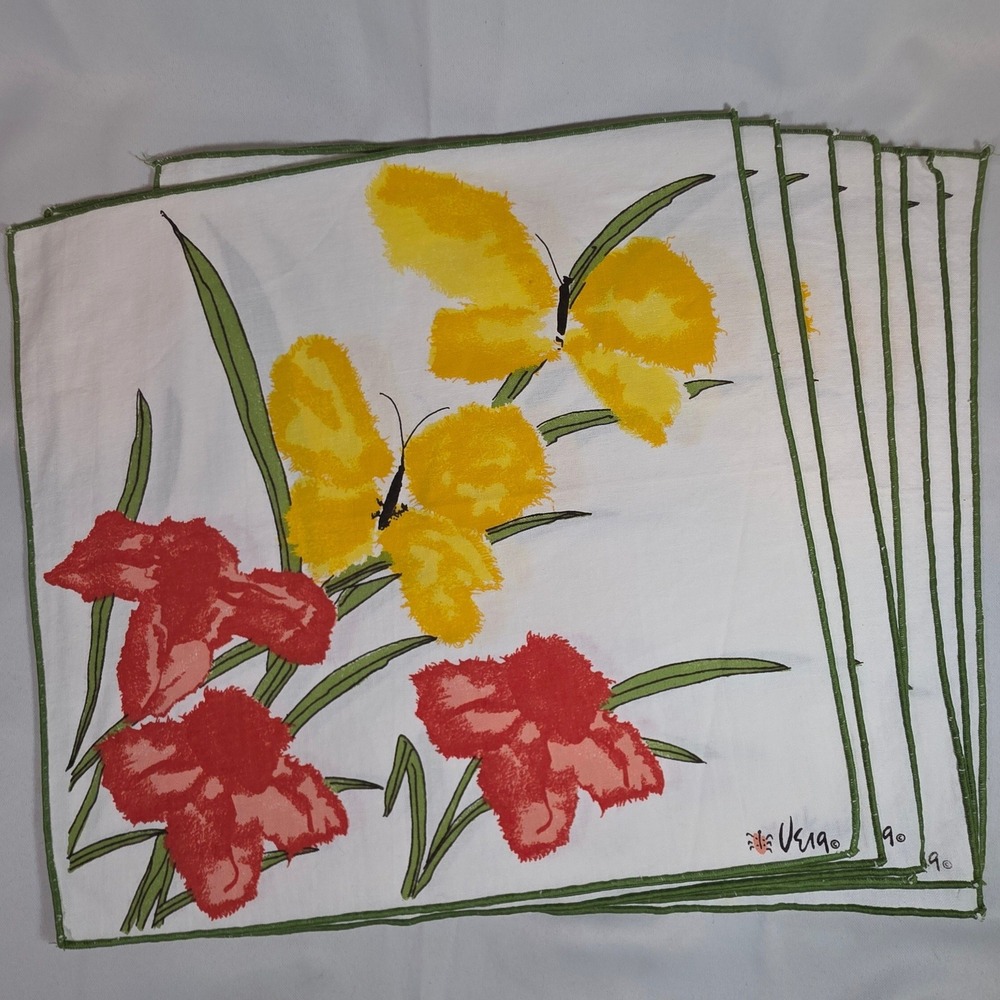 Vera Neumann Butterfly Floral White Napkins Set‎ of 7 16x16 Vintage MCM Ladybug